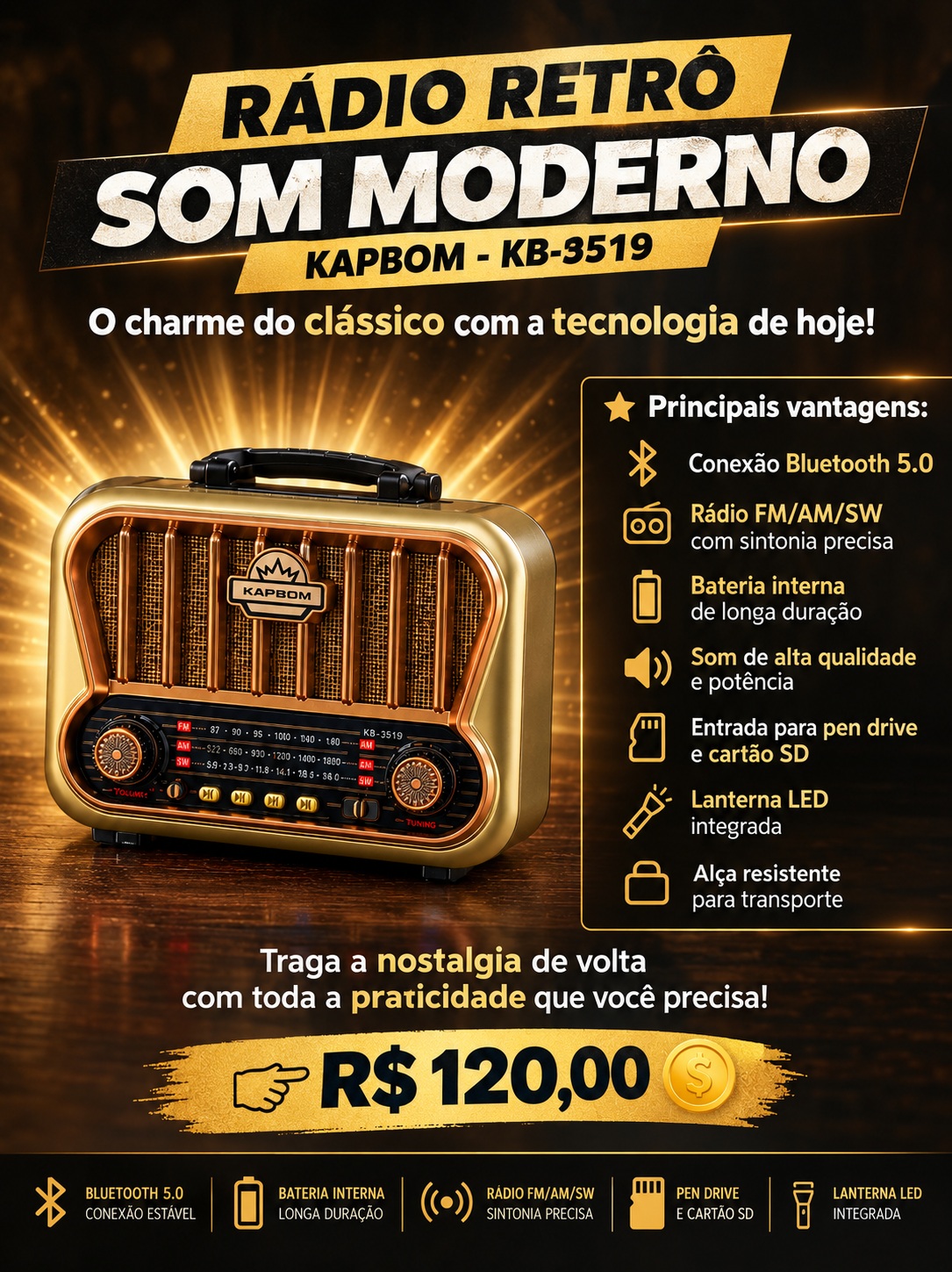 Rádio Retrô Som Moderno Kapbom KB-3519
